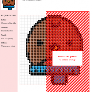 A charming cross-stitch pattern featuring a simplified robin wearing a blue scarf. The design is characterized by bold outlines and a limited color palette.
