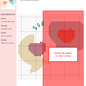 Cross stitch pattern featuring two chat bubbles, each containing a heart. Pastel color palette of peach, light blue, and red.