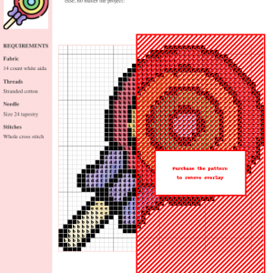 Cross stitch pattern depicting a colorful lollipop with a purple bow, perfect for needlepoint projects.