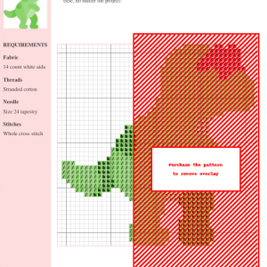 A charming cross-stitch pattern featuring a bright green Allosaurus dinosaur with pink detailing. Perfect for crafting projects.