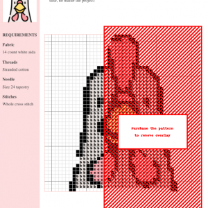 Close-up image of a charming cross stitch pattern featuring a chicken's head, showcasing pink combs and wattles, a yellow beak, and simple white body.