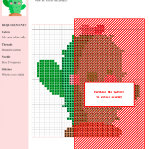 Cross stitch pattern featuring a charming cartoon cactus in a pot, with pink cheeks and a flower.