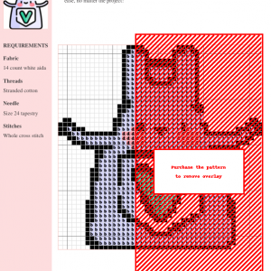Cross stitch pattern depicting a charming cartoon apron with a green 'V' pocket detail.