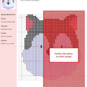 Cross stitch pattern of a cute wolf's head, featuring grey, white, and red color palette.