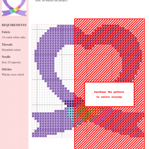 Cross stitch pattern depicting a purple ribbon forming a heart shape, incorporating a small rainbow detail.
