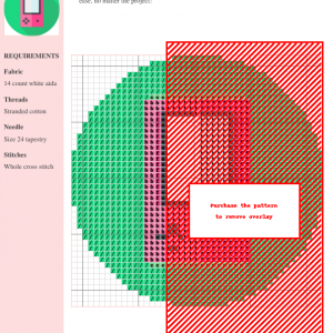 Cross stitch pattern design of a pink retro handheld video game console on a green background.