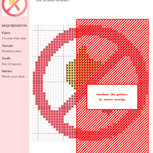 Image of a cross stitch pattern design featuring a red circle with a diagonal line through a cartoon matchstick flame, symbolizing fire safety.