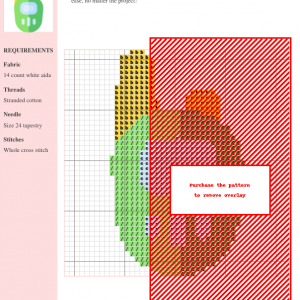 Image of a cross stitch pattern depicting a retro walkie talkie in shades of green, yellow, and white.