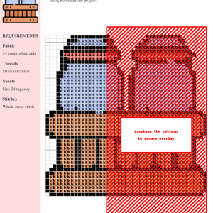Cross stitch pattern featuring two milk tanks in a wooden crate, in muted blues, oranges, and browns.