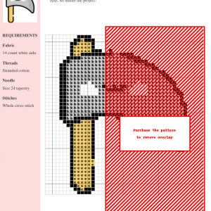 Cross stitch pattern of a cute, kawaii-style scythe with a smiling face. The design features grey and yellow threads.