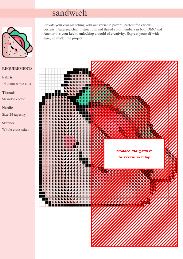 Cross stitch pattern featuring a kawaii-style sandwich with lettuce, tomato, and bread.