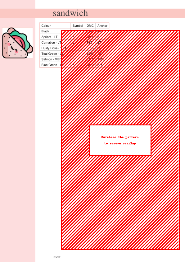 Cross stitch pattern of a cute, cartoon sandwich with pink bread, red tomato, and teal lettuce.