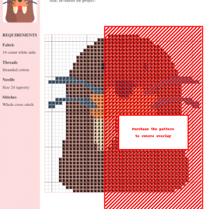 Cross stitch pattern featuring a charming walrus design with brown, orange, and red accents.