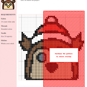 Cross stitch pattern featuring a cute owl wearing a Santa hat. Brown, red, white, and yellow colors are used.