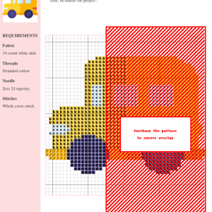 Cross stitch pattern of a cute yellow school bus with purple wheels.