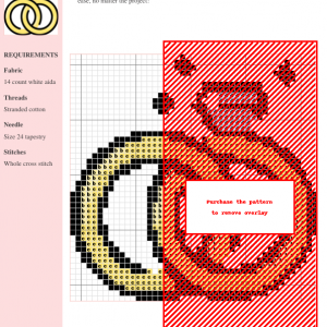 Cross stitch pattern featuring intertwined wedding rings with a diamond, perfect for wedding gifts or anniversaries.