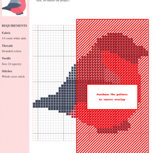 Cross stitch pattern depicting a charming bullfinch bird in shades of grey, pink, and blue. Perfect for beginners and experienced stitchers alike.