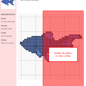 Cross stitch pattern design featuring a cute, stylized blue fish with a long, flowing tail.