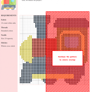 Image of a cross stitch pattern depicting a whimsical toy train with red, green, and yellow colors.
