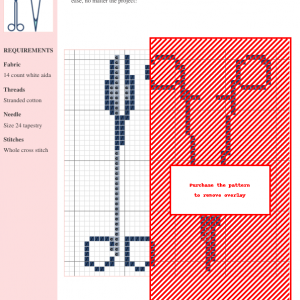 A cross-stitch pattern depicting a scalpel and tissue forceps, rendered in shades of blue on a white background.
