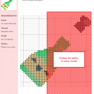 Cross stitch pattern depicting a whimsical, popping champagne bottle with a kawaii design. Green and yellow color palette.