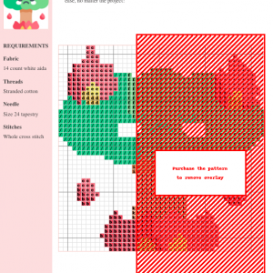 Cross stitch pattern featuring a cute, cartoon tree engulfed in flames, with a sad expression. The design uses greens, browns, reds, and yellows.