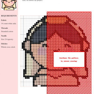 Cross stitch pattern depicting a charming cartoon bride in a wedding dress and veil.