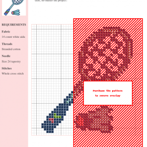 A charming cross-stitch pattern depicting a badminton racket and shuttlecock in soft blue, green, and pink hues.