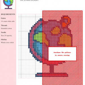 Image of a charming cross stitch pattern depicting a colorful world globe with a location marker.