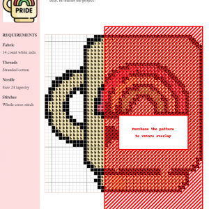 Cross stitch pattern depicting a mug with a rainbow and the word 'PRIDE'.