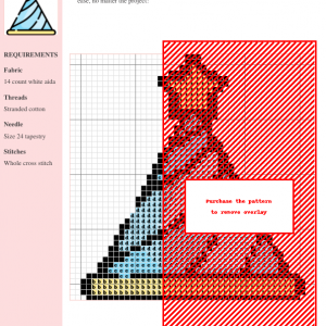 Cross stitch pattern of a light blue party hat with a yellow star on top.