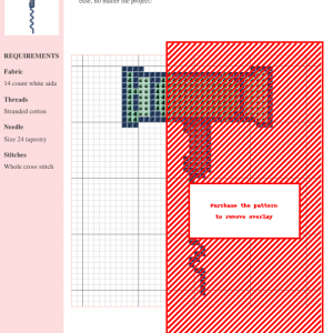 Cross stitch pattern design of a corkscrew, featuring a teal handle and dark gray/blue screw. Perfect for wine enthusiasts.