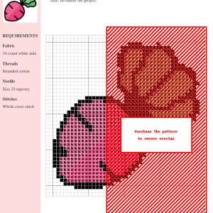 Image of a beetroot cross stitch pattern design. The design features a pink beetroot with green leaves, outlined in black.
