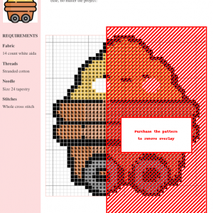 Image of a charming cross stitch pattern depicting a happy hay bale in a small mine cart. The design features warm yellows, oranges, and browns.