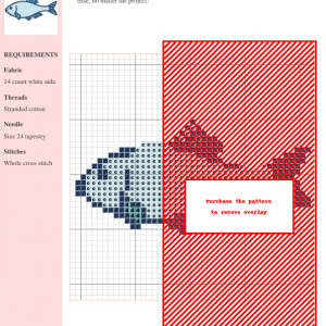 A cross-stitch pattern depicting a charming light blue fish with dark blue fins and details. Perfect for beginner to intermediate stitchers.