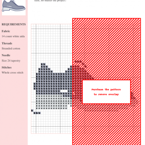Cross stitch pattern of a stylish grey shoe with a white sole, perfect for needlepoint enthusiasts.