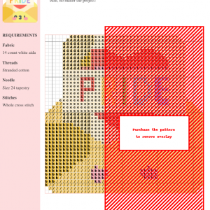 Cross stitch pattern featuring a rainbow-colored 'PRIDE' banner across a red heart, nestled inside a yellow envelope with cute blush cheeks.