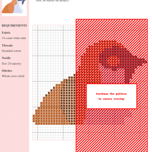 Cross stitch pattern featuring a cute, simplified sparrow design in shades of orange, brown, gray, and white.