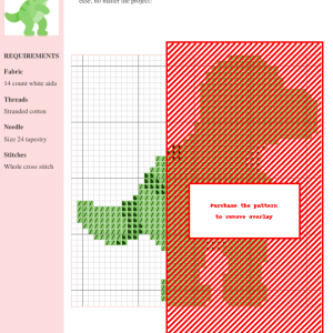 A charming cross-stitch pattern depicting a light green Tyrannosaurus Rex dinosaur. The design is simple yet detailed, perfect for beginner to intermediate stitchers.