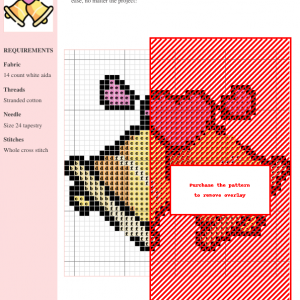 Cross stitch pattern featuring two gold bells entwined with pink hearts, perfect for wedding decor or gifts.