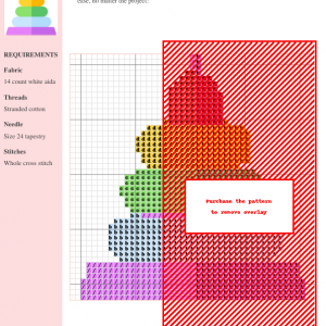 Cross stitch pattern depicting a colorful stacking ring pyramid toy, perfect for baby nursery decor or a thoughtful handmade gift.