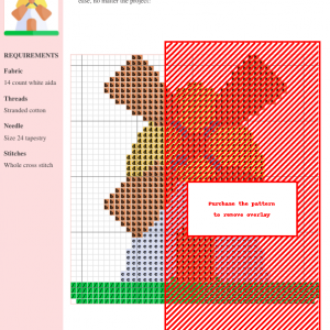 Cross stitch pattern of a charming windmill with orange sails and a yellow roof, set against a green field.