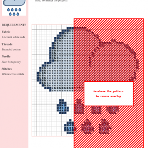 Cross stitch pattern featuring a charming cloud with raindrops, perfect for needlepoint enthusiasts.