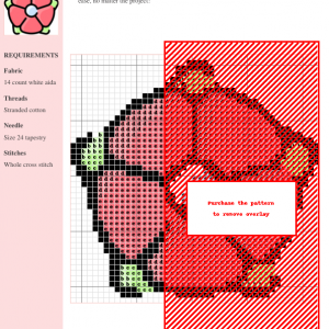 Image of a cross stitch pattern depicting a stylized pink bromeliad flower with light green accents and a white center.