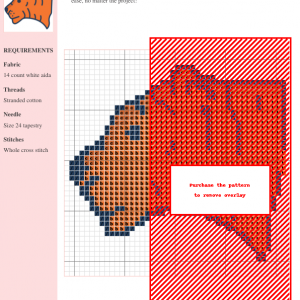 A cross-stitch pattern featuring a detailed profile of a tiger's head, rendered in burnt orange and navy blue.