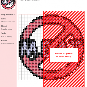 Cross stitch pattern depicting a red circle with a diagonal slash through it and the word 'MEAT' in purple lettering.