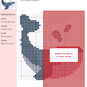 Cross stitch pattern featuring a cute whale spouting water, in shades of blue and gray.