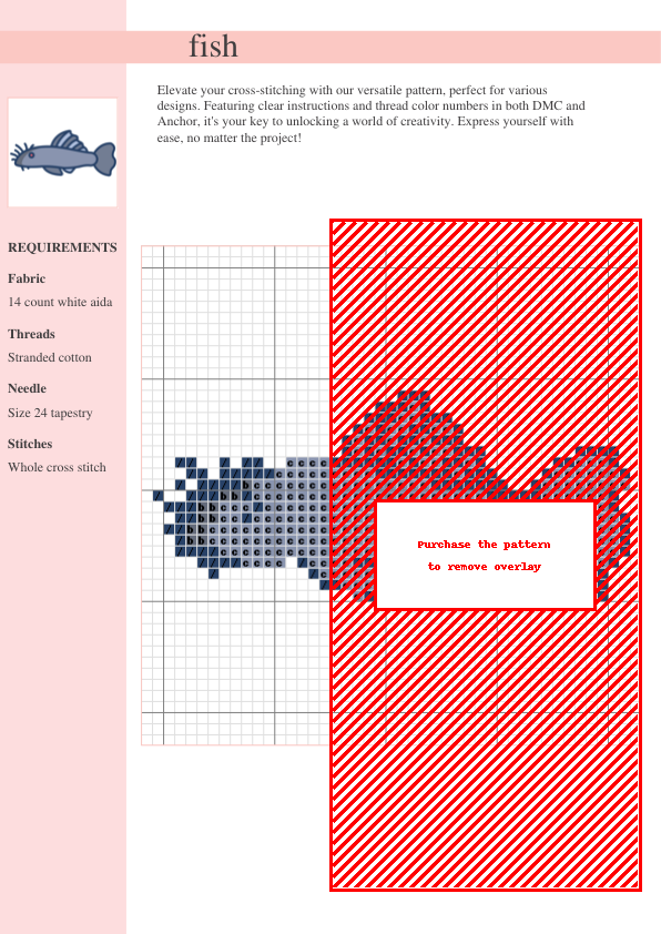 Cross stitch pattern of a cute, stylized fish in shades of blue. Perfect for beginners.