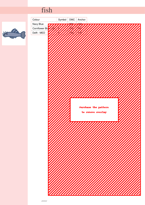 Cross stitch pattern featuring a charming, stylized blue fish with detailed fins and whiskers.