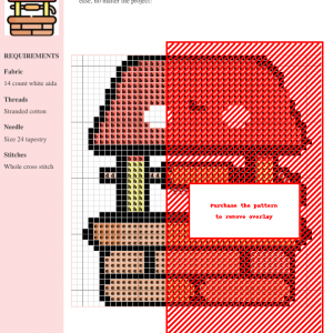 Cross stitch pattern of a charming, cartoon-style water well with a red roof and brick base. Perfect for beginners.